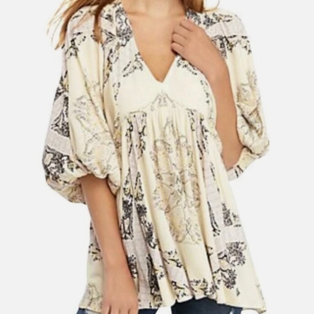 Free People Girl Talk Printed Tunic Top – XS – Ivory – Boho Flowy